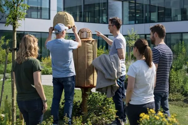 Team beim Bienenstock bauen mit Bienenstock von HIIVE